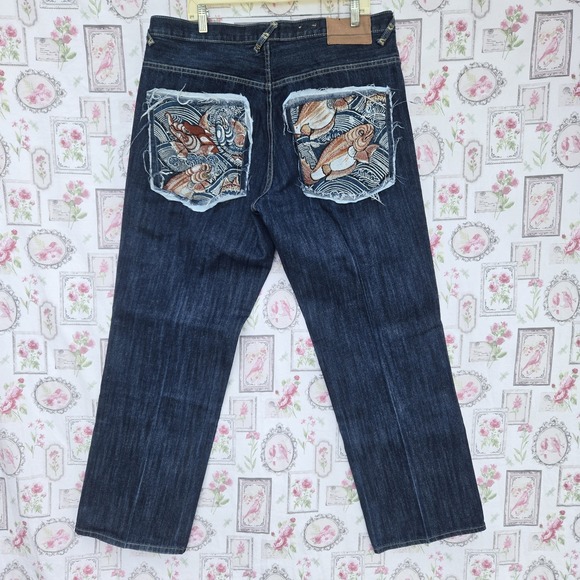 Mens Dark Wash Denim Jeans Embroidered Koi Fish Wave Baggy Y2K Streetwear 38x34 - Picture 2 of 7